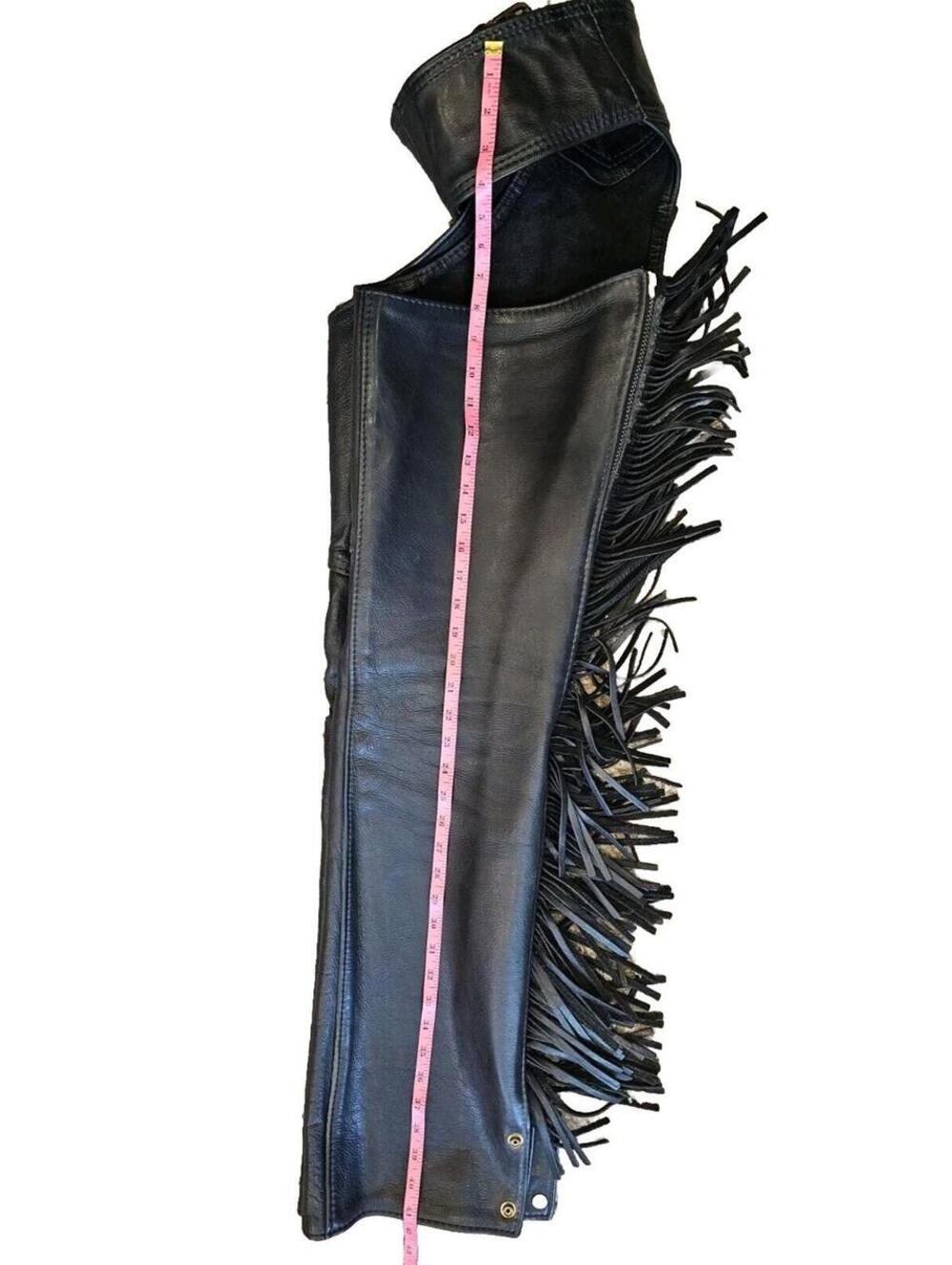 VINTAGE CALIFORNIA CREATIONS BLACK LEATHER MOTORCYCLE CHAPS W/ FRINGE USA XS - Picture 4 of 5